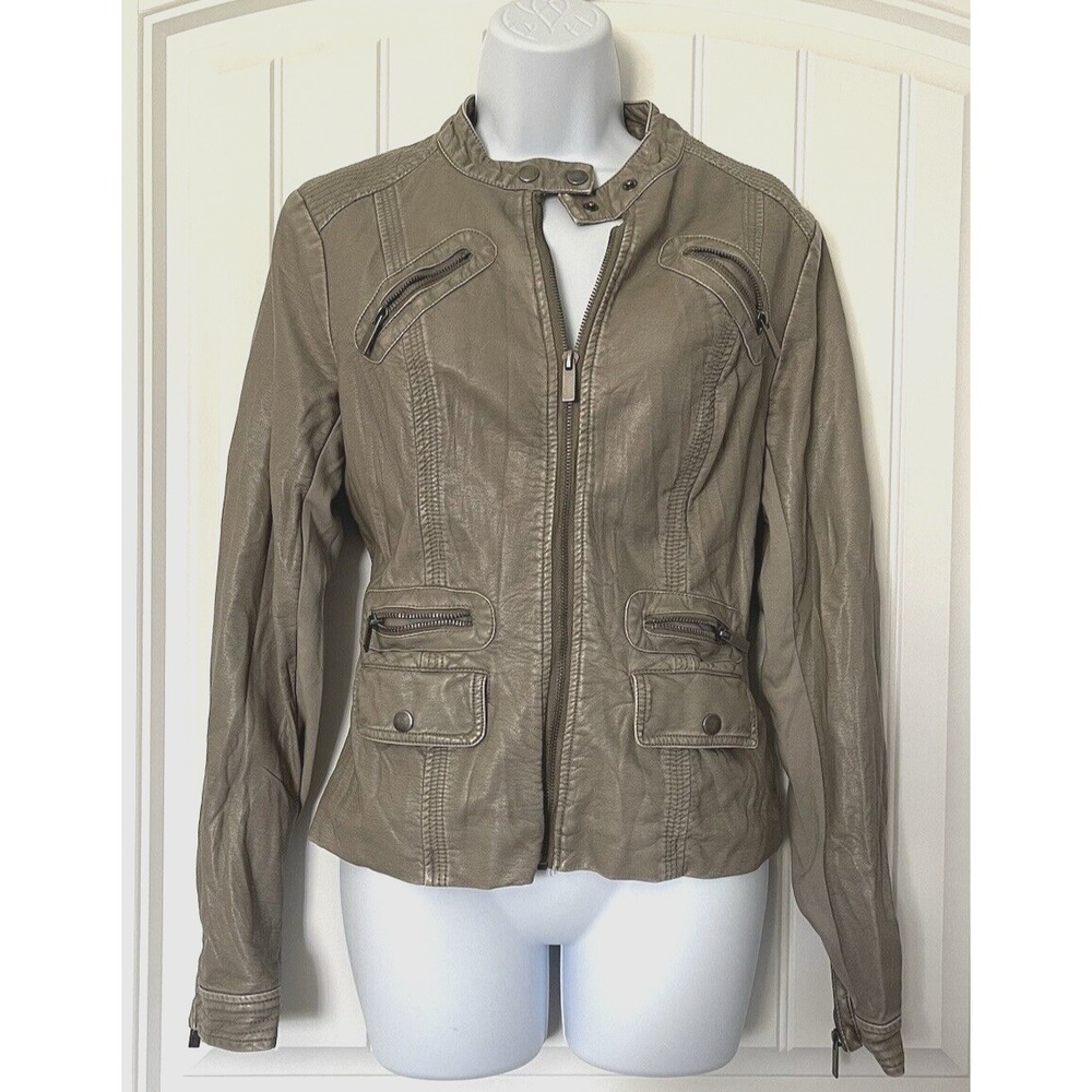 BKE‎ Faux Leather Jacket Womens Size Medium Distressed Brown Full Zip Pockets